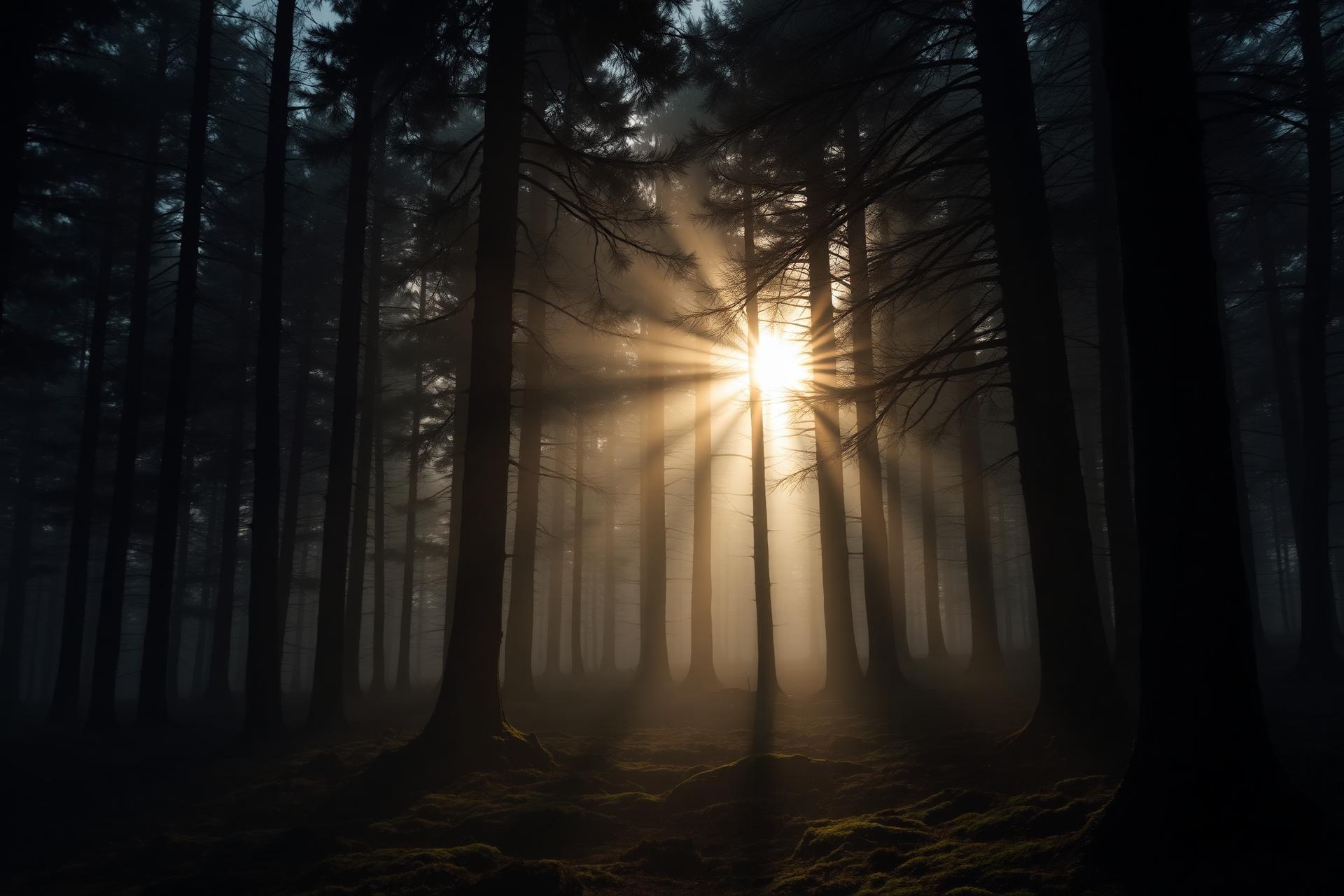 Sonnenstrahlen fallen durch einen dichten Nadelwald
